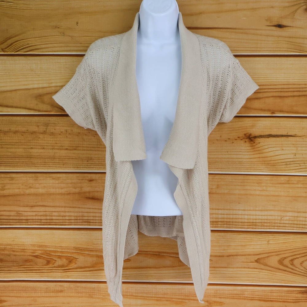 A New Approach Cardigan Sweater Open Front Womens Sz PM Beige Brown Short Sleeve